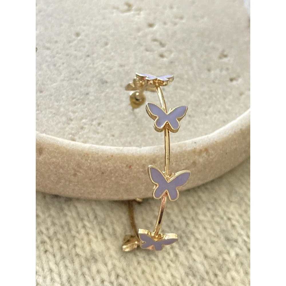 Gold Tone Lilac‎ Enamel Butterfly Open Hoop Earrings  Whimsical Fairy Purple